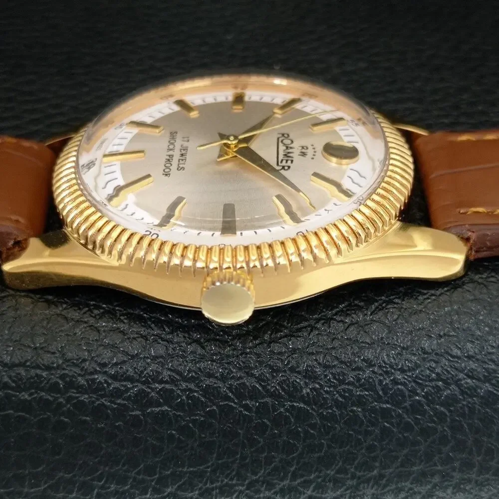 Vintage 1973 Roamer Manual Mens Gold Watch W/Leather Strap & Silver accents